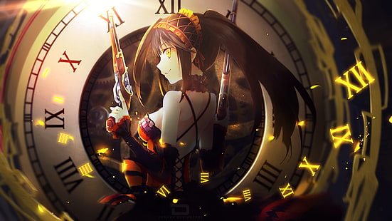 schwarzhaarige weibliche Anime-Figur, Date A Live, Uhren, Tokisaki Kurumi, HD-Hintergrundbild HD wallpaper