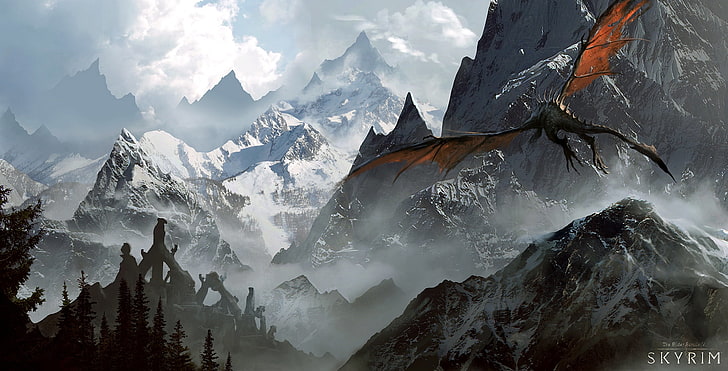 Skyrimの壁紙、山、ドラゴン、The Elder Scrolls V：Skyrim、 HDデスクトップの壁紙