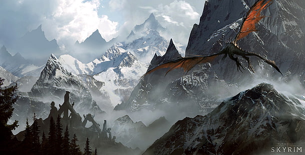 Skyrimの壁紙、山、ドラゴン、The Elder Scrolls V：Skyrim、 HDデスクトップの壁紙 HD wallpaper