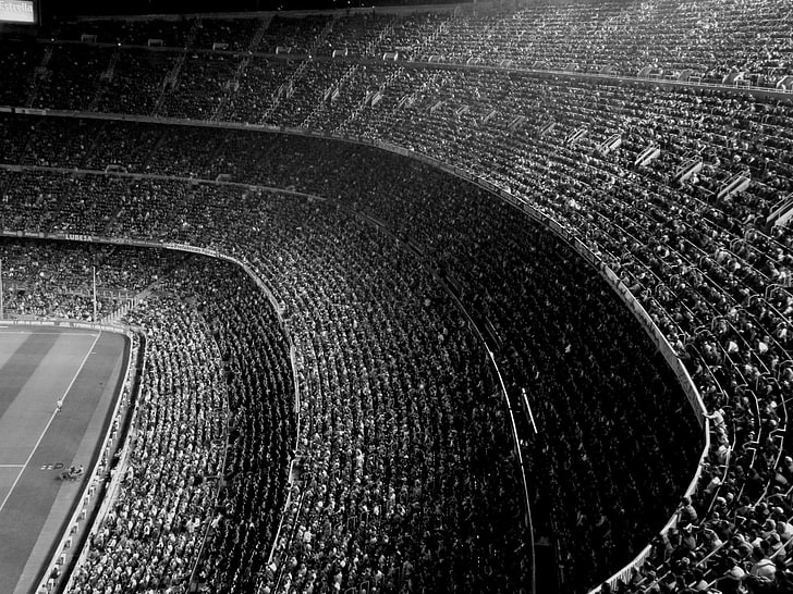 gråskalefoto av stadion, fotografi, svartvitt, Barcelona, ​​publik, FC Barcelona, ​​match, fotboll, stadion, HD tapet