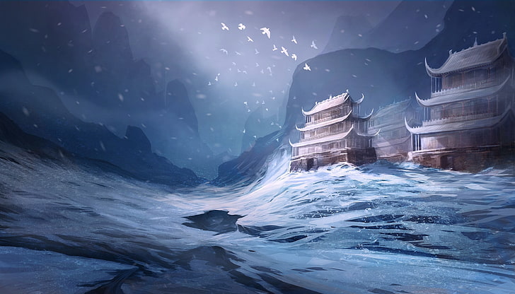 two brown pagodas illustrator, fantasy art, temple, snow, artwork, birds, HD wallpaper