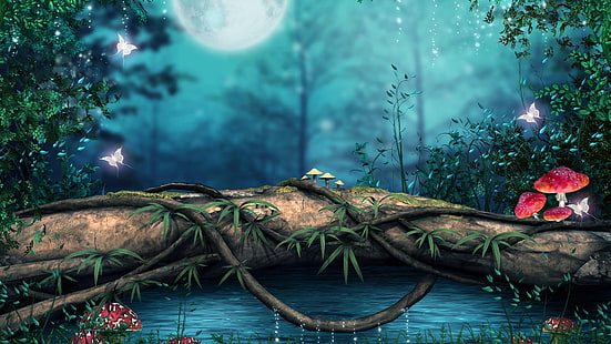 mushroom, butterfly, moon, dream, dreamland, night, HD wallpaper HD wallpaper