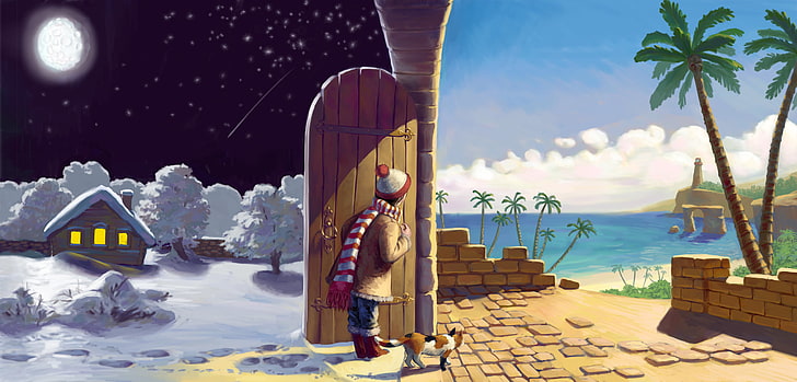 children wearing brown coat and white and red bobble hat painting, winter, sand, sea, cat, summer, stars, clouds, snow, trees, night, lights, house, palm trees, wall, the moon, shore, hat, scarf, the door, art, day, girl, HD wallpaper