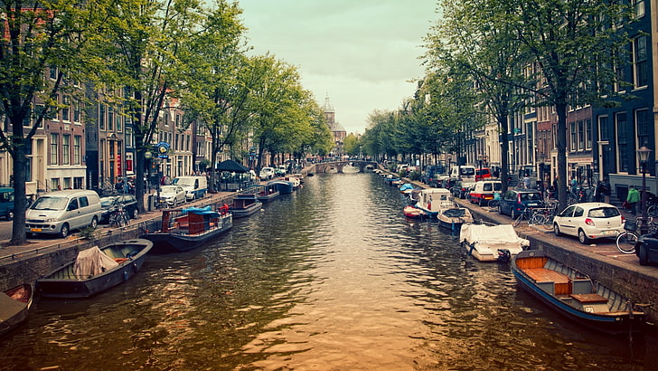 paysage urbain, canal, Amsterdam, bateau, rue, vue sur la rue, ville, Fond d'écran HD