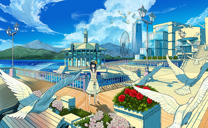 anime, landscape, cityscape, birds, anime girls, HD wallpaper