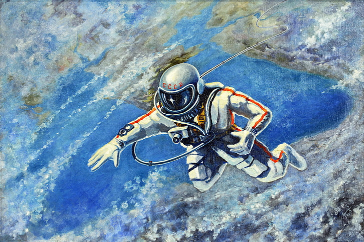 White, blue, and orange astronaut painting, space, astronaut, 1973, Alexei  Leonov, HD wallpaper | Wallpaperbetter