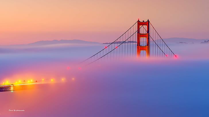 サンフランシスコゴールデンゲートブリッジ、霧、朝、霧、サンフランシスコゴールデンゲート、ゴールデンゲートブリッジ、SFist、サンフランシスコゴールデンゲート、ゴールデンゲートブリッジ、日没、サンフランシスコ郡、有名な場所、海、吊り橋、橋-人工構造、カリフォルニア、夕暮れ、 HDデスクトップの壁紙