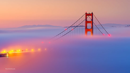 San Francisco Golden Gate Bridge z mgłą, rano, mgła, San Francisco Golden Gate, Golden Gate Bridge, SFist, San Francisco Golden Gate, Golden Gate Bridge, zachód słońca, San Francisco County, słynne miejsce, morze, wiszący most, most - stworzone przez człowieka Struktura, Kalifornia, zmierzch, Tapety HD HD wallpaper