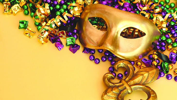 photo d'un masque de mascarade marron, Mardi gras, réunion de printemps, masque de carnaval, masque de carnaval, perles, Fond d'écran HD