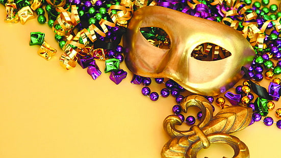 photo d'un masque de mascarade marron, Mardi gras, réunion de printemps, masque de carnaval, masque de carnaval, perles, Fond d'écran HD HD wallpaper