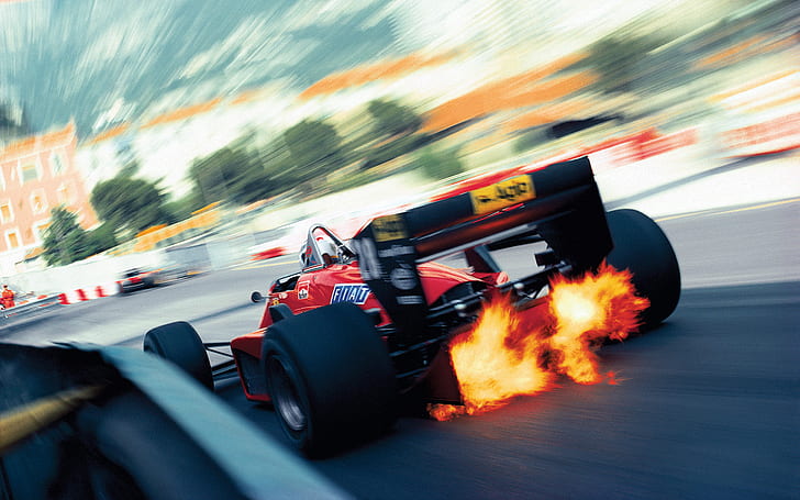 Ferrari, винтаж, гоночный автомобиль, Формула 1, Монако, пламя, пониженная передача, выхлоп, Ален Прост, HD обои