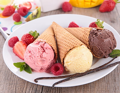trzy lody o różnych smakach, lody, róg, deser, rożek, Tapety HD HD wallpaper