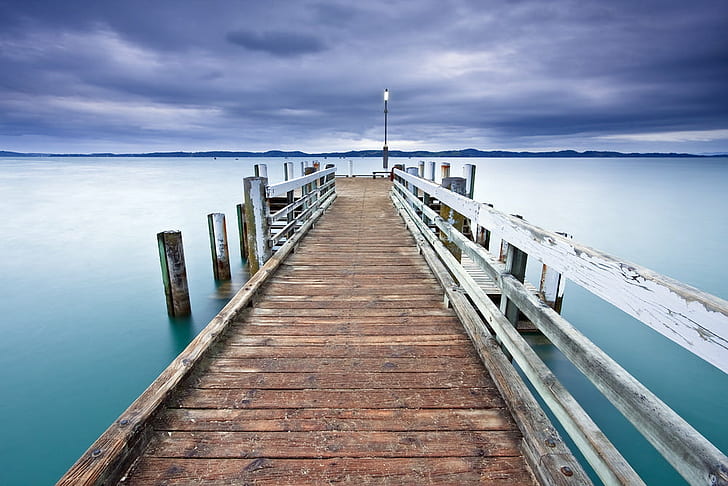white and brown wooden dock on body or water, Maraetai, Dawn  white, dock, body, water, beach, auckland, nz, new zealand, wharf, sunrise, jetty, wood - Material, pier, nature, sea, lake, boardwalk, outdoors, landscape, sky, tranquil Scene, no People, blue, scenics, HD wallpaper
