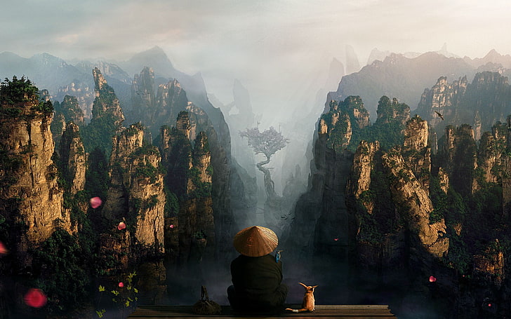 mężczyzna siedzący na klifie tapeta, sztuka fantasy, Tapety HD
