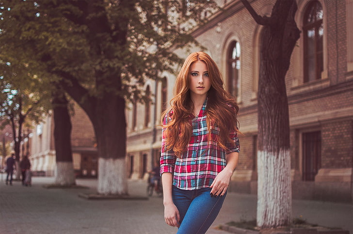 women, model, redhead, jeans, trees, plaid, plaid shirt, HD wallpaper