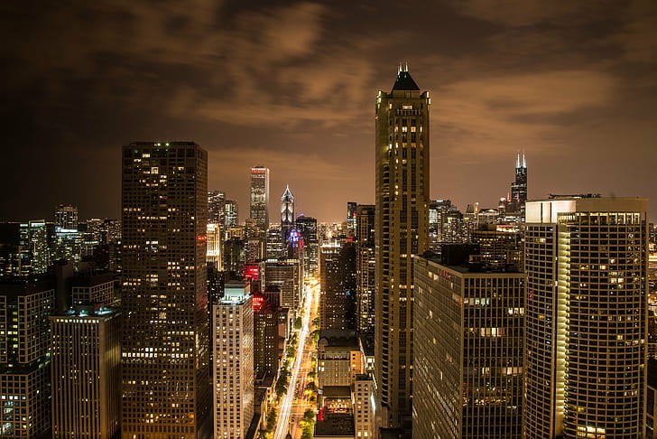 building top view during night time, chicago, chicago, Chicago, at Night, building, top, view, night time, city, night  lights, skyline, traffic, photography, clouds, urban Skyline, skyscraper, cityscape, night, downtown District, architecture, urban Scene, building Exterior, famous Place, uSA, built Structure, tower, HD wallpaper