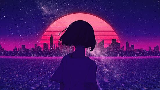 synthwave, noche, puesta de sol, ciudad, chicas anime, Fondo de pantalla HD HD wallpaper