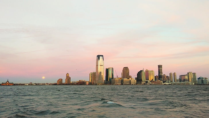 gedung-gedung tinggi, Kota New York, pagi, ombak, Jersey City, Wallpaper HD