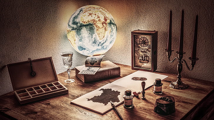 globe, compass, table, still life, HD wallpaper