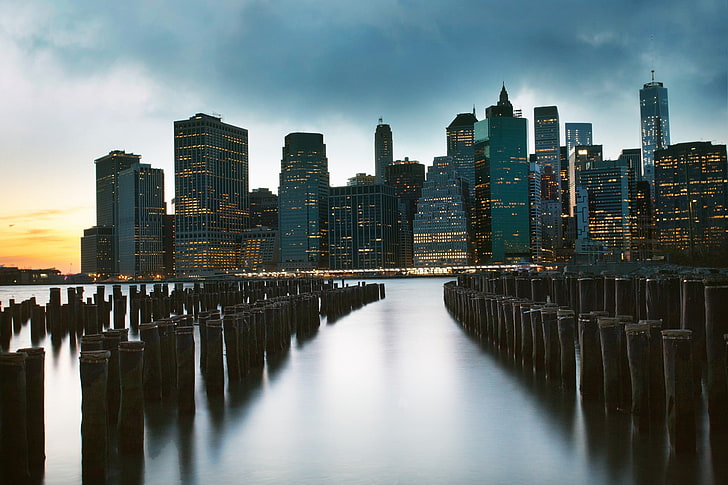 tall city's buildings, city, skyscraper, sunset, cityscape, New York City, pier, HD wallpaper