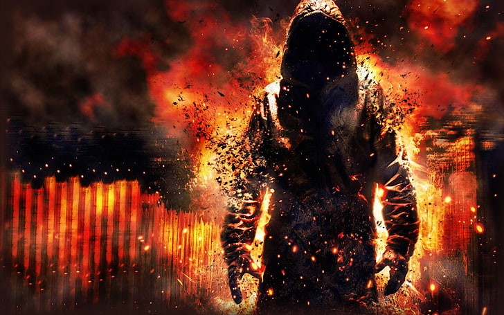 мъж с качулка цифров тапет, огън, пламък, дим, същество, демонът, призрак, качулка, качулка, HD тапет