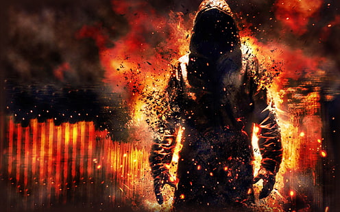 uomo con felpa sfondo digitale, fuoco, fiamma, fumo, essere, il demone, fantasma, cappuccio, felpa con cappuccio, Sfondo HD HD wallpaper