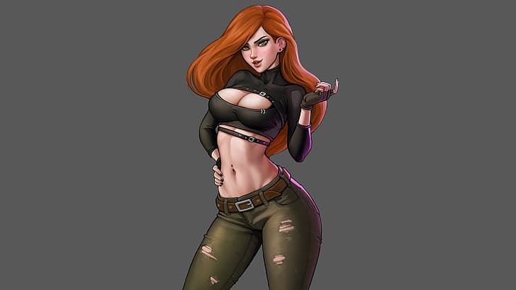 Aroma Sensei, Kim Possible, looking at viewer, long hair, redhead, Black top, crop top, cleavage cutout, belly, thighs, abs, HD wallpaper