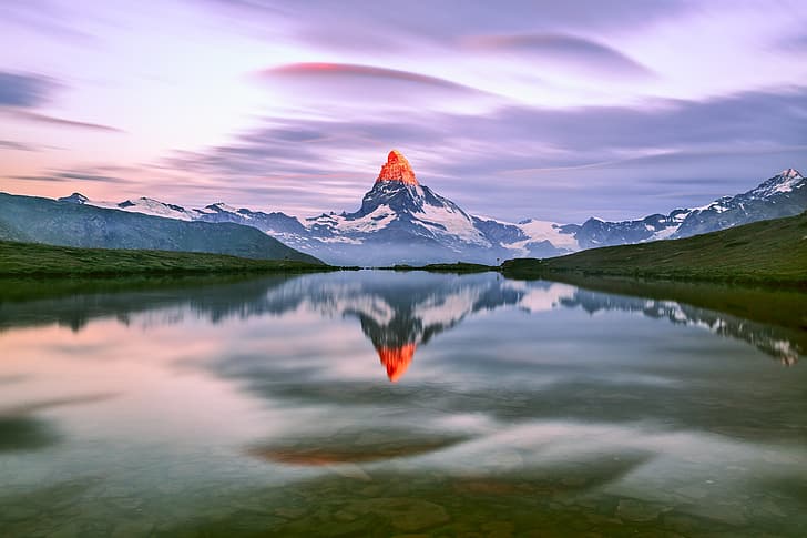 the sky, clouds, light, mountains, lake, morning, Alps, top, Matterhorn, The Pennine Alps, HD wallpaper