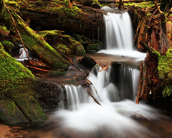 timelapse photography of waterfalls, Spring, Runoff, timelapse photography, waterfalls, Creek, River, Brook, Water, Snow  Melt, Multnomah, Columbia  Gorge, Long  Exposure, Nature  Photography, Oregon, Color, Canon  EOS  5D  Mark  II, waterfall, nature, forest, stream, tropical Rainforest, freshness, tree, beauty In Nature, scenics, rock - Object, leaf, falling, outdoors, landscape, thailand, green Color, flowing Water, HD wallpaper