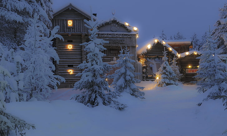 brown wooden house, winter, snow, trees, night, the city, house, photo, Finland, Lapland, HD wallpaper