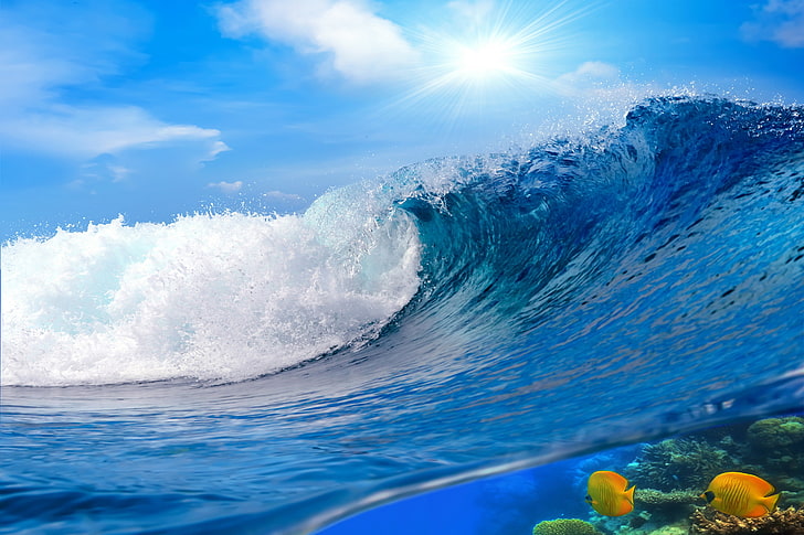 havsvågor tapeter, hav, vatten, havet, våg, himmel, hav, blått, stänk, HD tapet