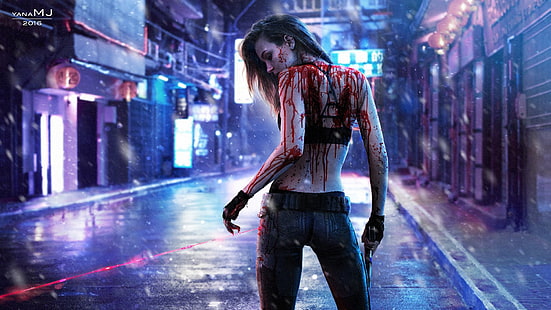 Video Game, Cyberpunk 2077, Blood, Cyberpunk, Girl, Gun, Laser, Rain, HD wallpaper HD wallpaper