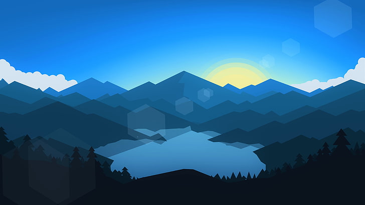 silhouette de montagne et clipart d'arbre, minimalisme, résumé, soleil, géométrie, paysage, montagnes, arbres, lac, cyan, Fond d'écran HD