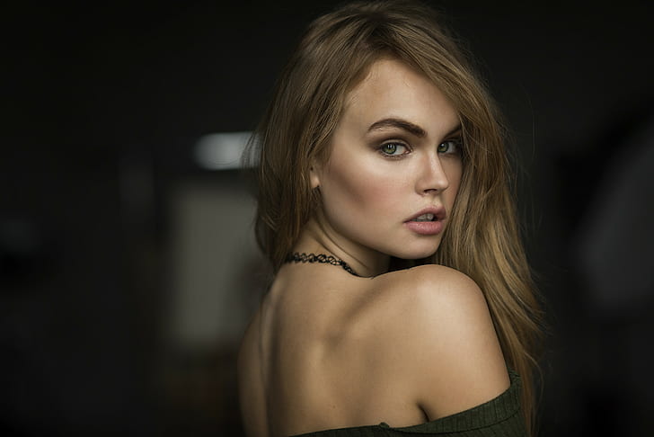Anastasia Scheglova, portrait, model, choker, green eyes, women, blonde, face, HD wallpaper