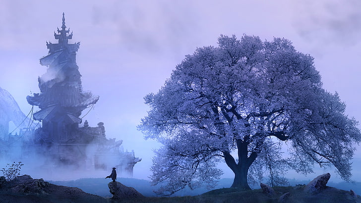 tree, sky, fantasy landscape, fantasy art, morning, pagoda, blossom, mist, branch, landscape, fog, cloud, HD wallpaper