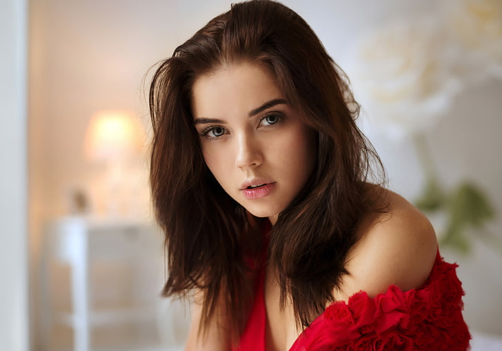 women's red strapless top, Tatyana Kozelkina, portrait, Maxim Maximov, red dress, women, brunette, gray eyes, pink lipstick, HD wallpaper
