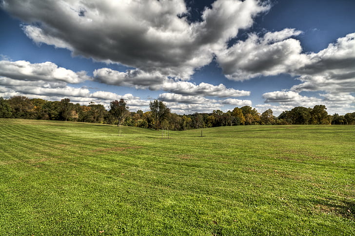 green grass meadow surrounded with trees under cloudy sky, IMG, green grass, meadow, trees, cloudy, sky, Canon  Rebel, XS, Fall, Chester  Park, Sigma, 20mm, HDR, High  Dynamic  Range, nature, grass, cloud - Sky, summer, outdoors, tree, rural Scene, landscape, blue, green Color, field, scenics, HD wallpaper