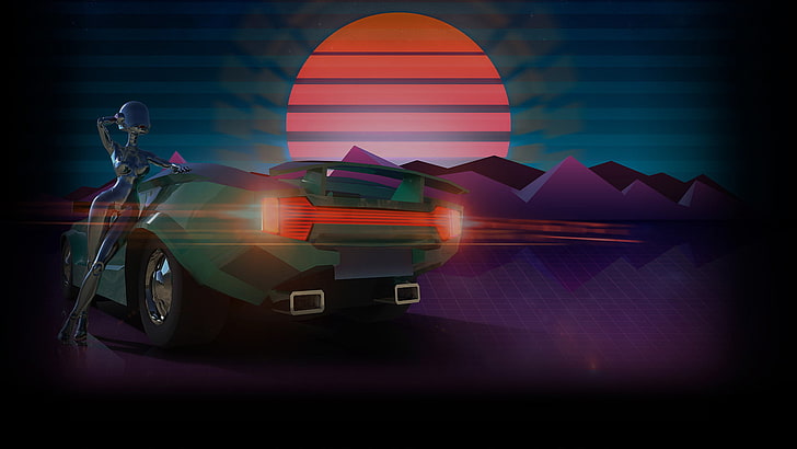 vaporwave, car, mountains, sunset, HD wallpaper
