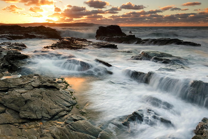 photography of waterfalls during sunset, Incoming Tide, photography, waterfalls, sunset, Canon 7D, 7D Mark II, sea, nature, rock - Object, wave, beach, coastline, water, dusk, landscape, scenics, seascape, sunrise - Dawn, outdoors, beauty In Nature, HD wallpaper