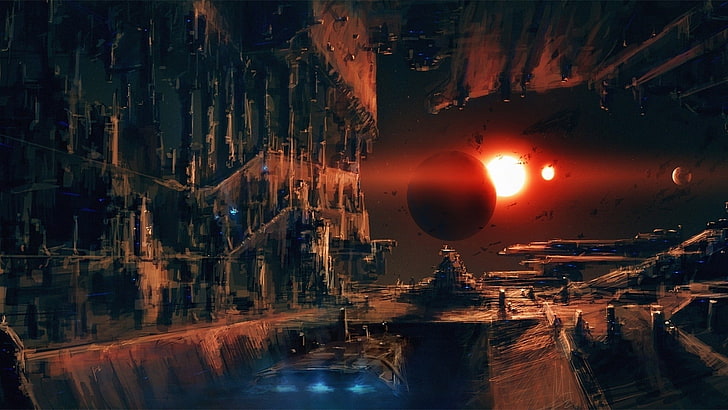 Schlachtschiff digitale Tapete, Weltraum, Raumstation, Planet, Science-Fiction, HD-Hintergrundbild