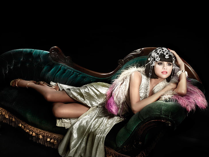 decoration, pose, makeup, dress, actress, brunette, hairstyle, photographer, shoes, album, outfit, lies, singer, black background, on the couch, Selena Gomez, music, promo, When The Sun Goes Down, Kate Turning, HD wallpaper