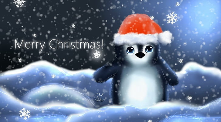 penguin, hat, cub, snowflakes, christmas, inscription, penguin, snowflakes, christmas, inscription, HD wallpaper