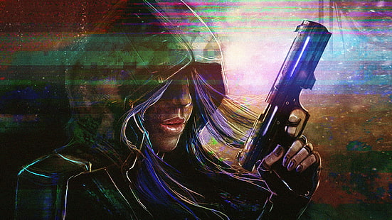 Waffe, Pistole, Kapuzen, Kunstwerk, Cyberpunk, Mädchen mit Waffen, HD-Hintergrundbild HD wallpaper