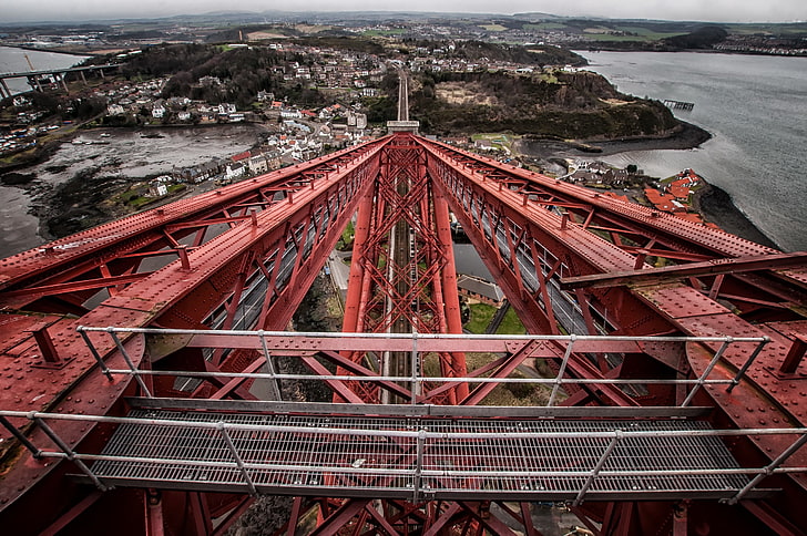 red steel bridge, Forth Bridge, metal, red, Scotland, architecture, HD wallpaper