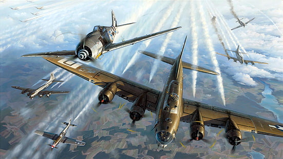 Boeing, B-17, Fw 190, Focke-Wulf, Flying Fortress, jednosilnikowy samolot myśliwski tłokowy, czterosilnikowy ciężki bombowiec, Tapety HD HD wallpaper