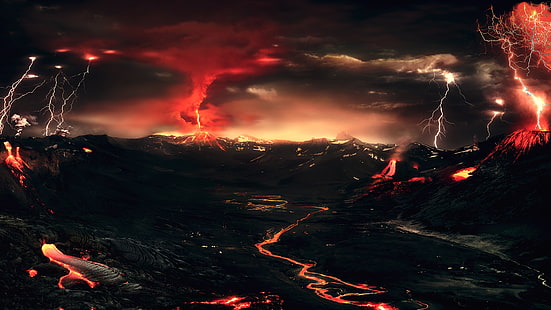 вулкан и молния цифровые обои, гроза, горы, ночь, огни, молния, вулкан, лава, HD обои HD wallpaper