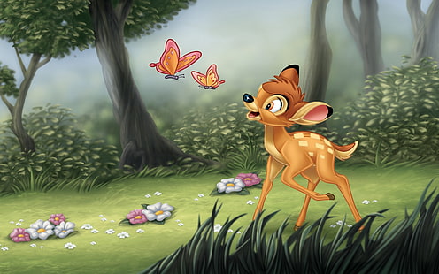 forest, trees, flowers, cartoon, Bambi, Walt Disney, fawn, Bamby, HD wallpaper HD wallpaper