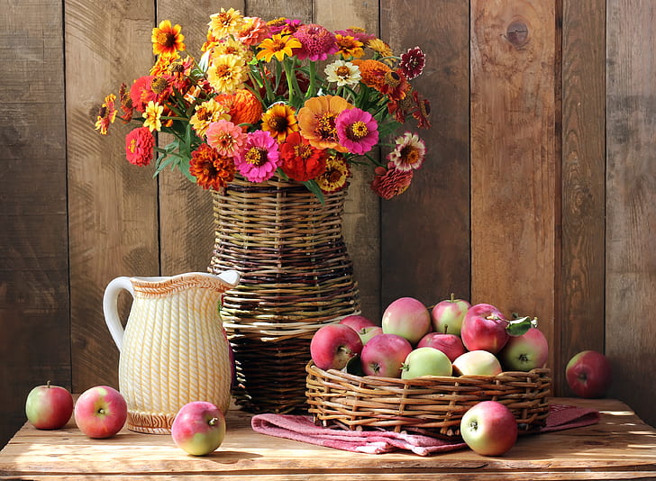 Photography, Still Life, Apple, Bouquet, Flower, Fruit, HD wallpaper