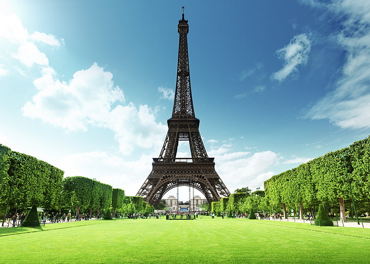 Айфелова кула, Париж, лято, трева, Франция, Париж, Айфелова кула, La tour Eiffel, тревни площи, HD тапет