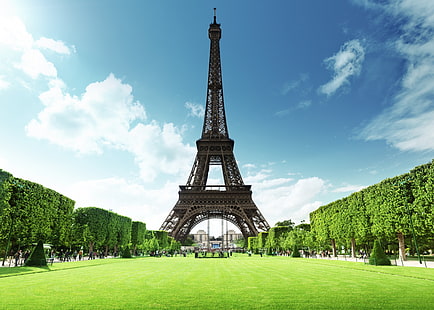 Eiffeltornet, Paris, sommar, gräs, Frankrike, Paris, Eiffeltornet, La turné Eiffel, gräsmattor, HD tapet HD wallpaper
